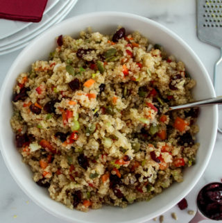 Healthy cranberry quinoa vegetable salad with lemon dressing.