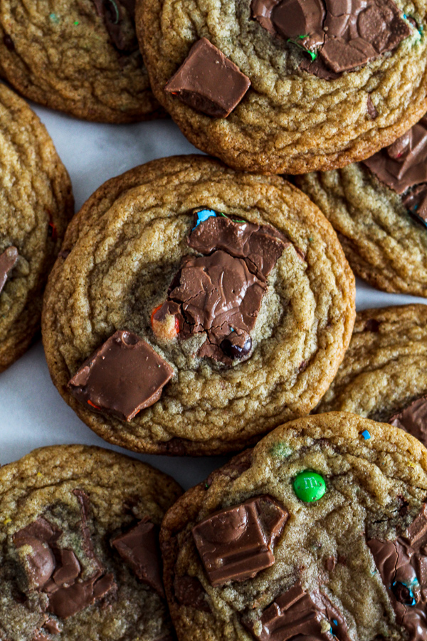 large brown butter m&m chocolate cookies overhead view 