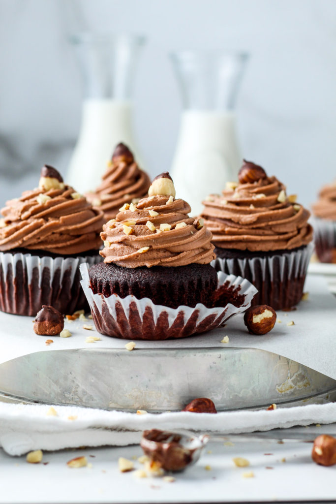 Delicious chocolate cupcakes with creamy Nutella frosting piped on top!