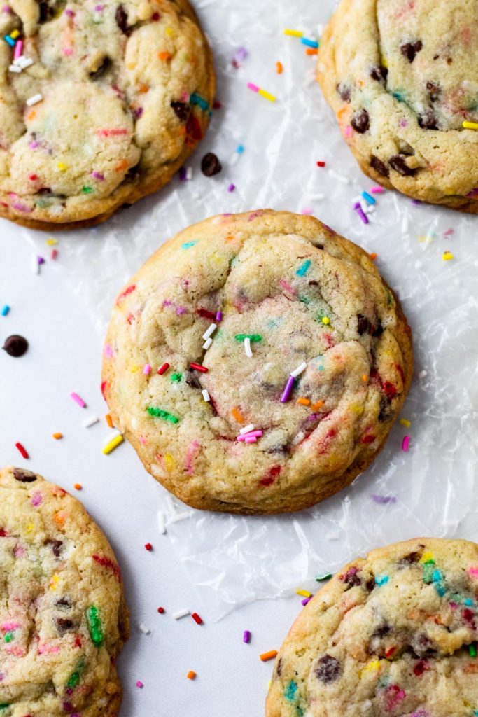 Colorful cookies packed with mini chocolate chips and fun, colorful sprinkles 