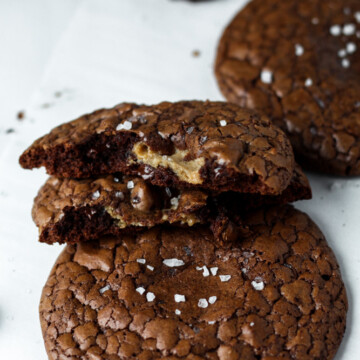 Brownie cookies topped with sea salt and stuffed with peanut butter.