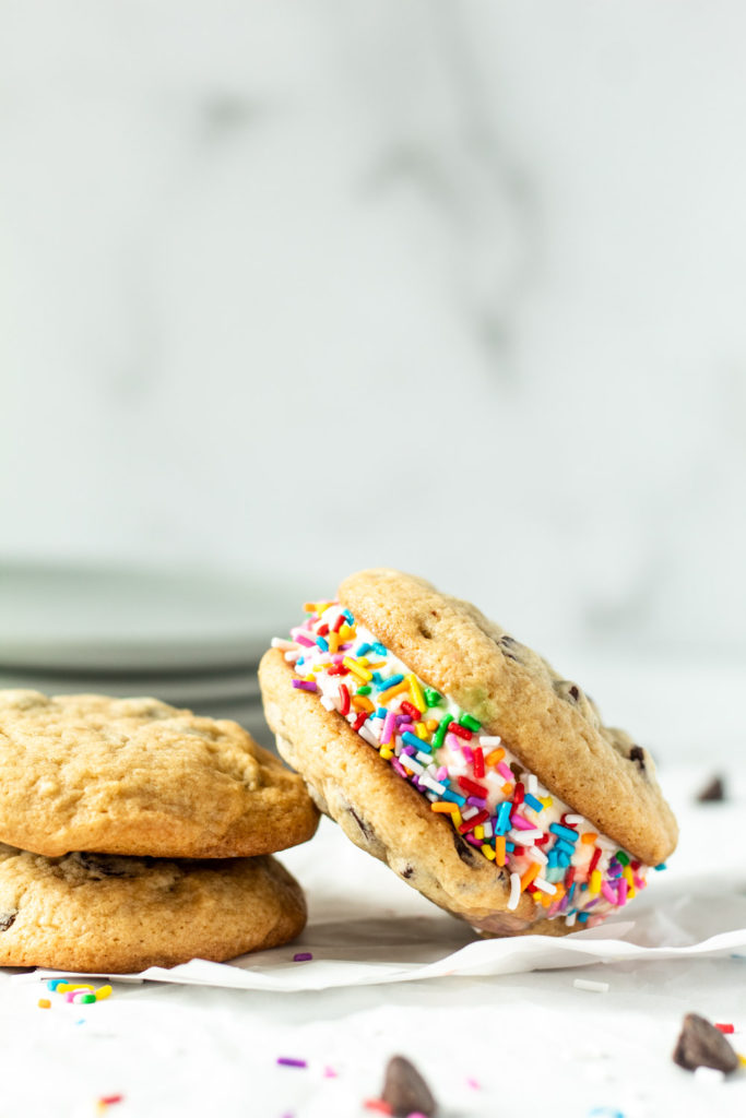 Soft chocolate chip cookies sandwiched with vanilla ice cream coated with rainbow sprinkles! 
