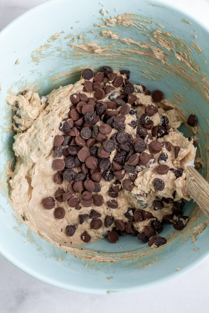 Peanut butter cookie dough with lots of milk and dark chocolate chips on top.