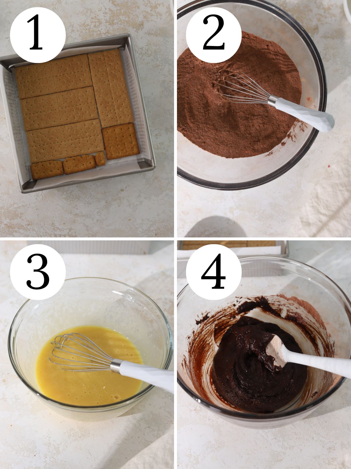 A four photo collage showing steps for making brownie batter.
