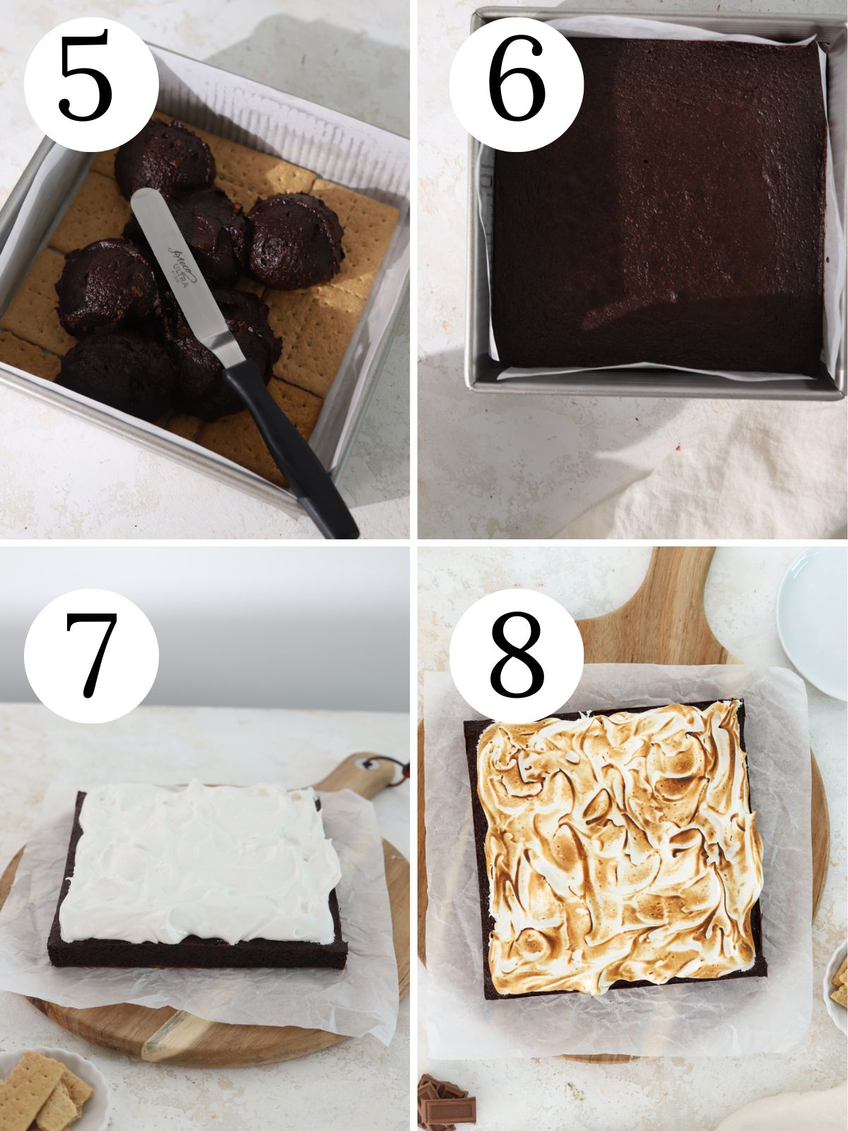 A four photo collage showing steps for baking and decorating s'mores brownies.