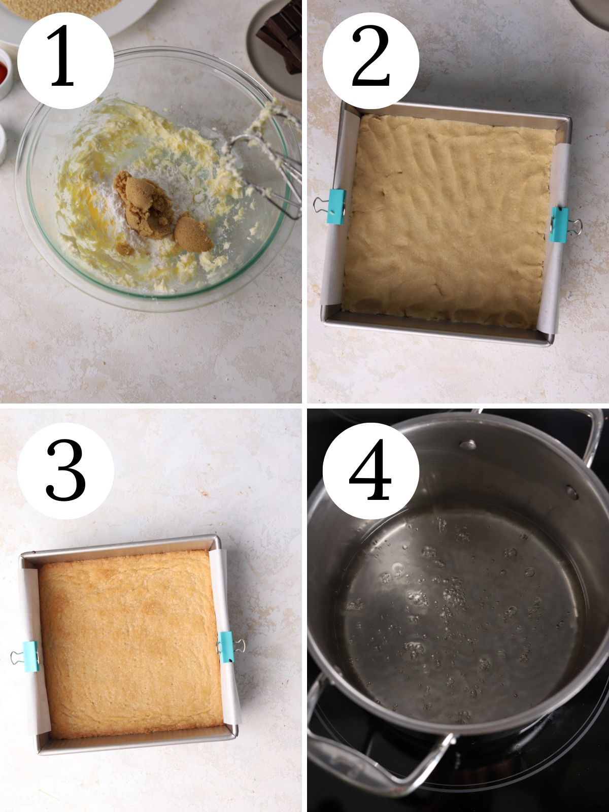 A four photo collage showing how to make tahini millionaire shortbread bars. 