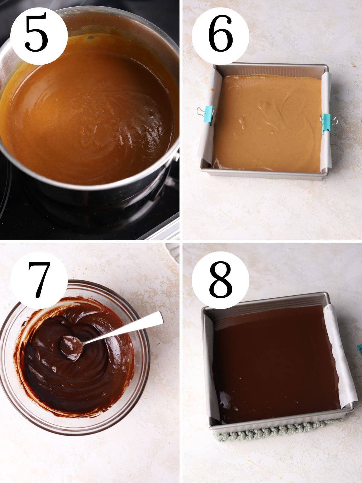 A four photo collage showing how to make tahini caramel and chocolate ganache.