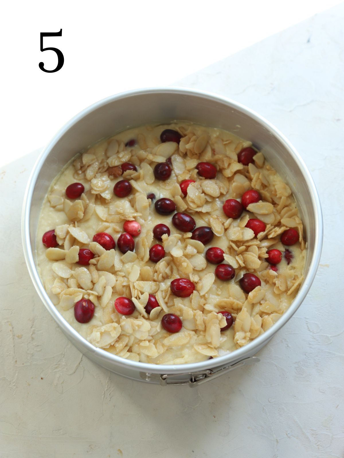 Cake batter in a round pan with cranberries and almonds on top.