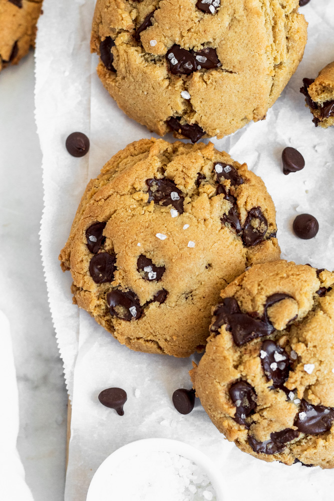 A close up of thick, delicious chocolate chip cookies!