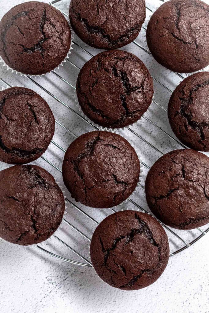 Chocolate cupcakes on a cooling rack. 