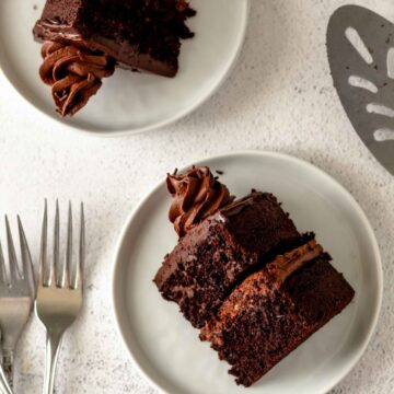 Two slices of chocolate layer cake on plates.