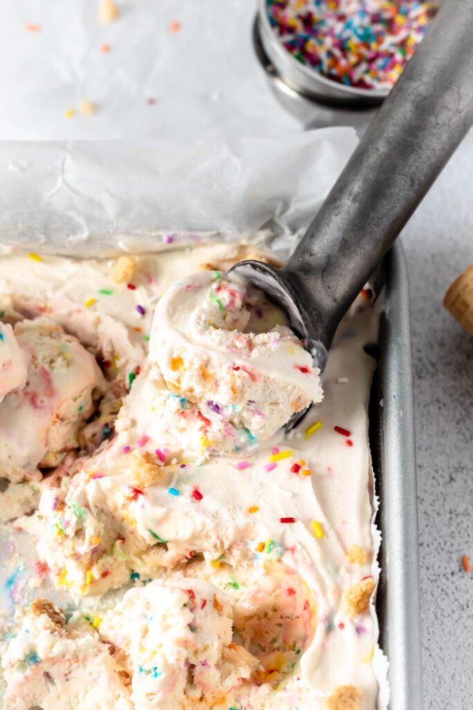 An ice cream scooper in a pan of ice cream with rainbow sprinkles. 