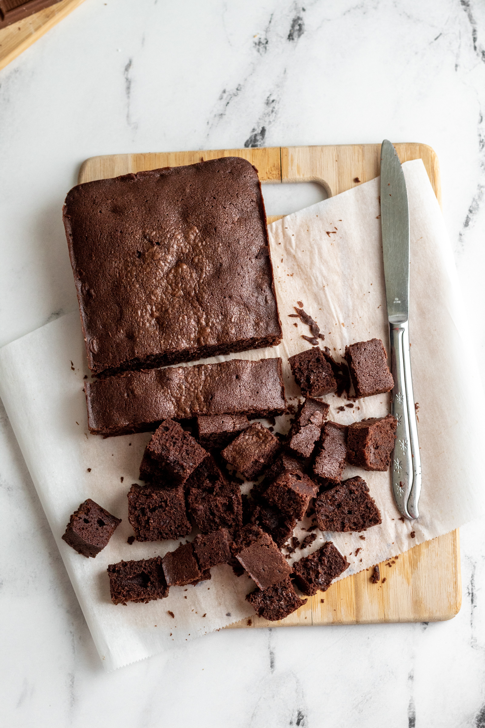 A small batch of brownies cut into small squares. 