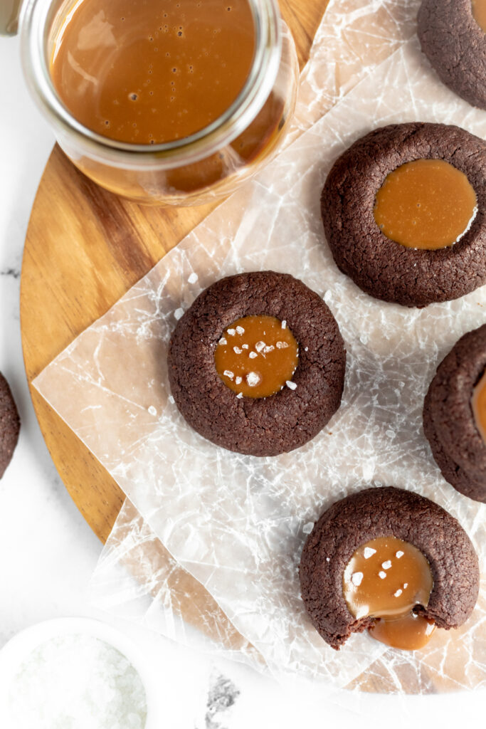 Chocolate thumbprint cookies filled with dulce de leche and sea salt. 