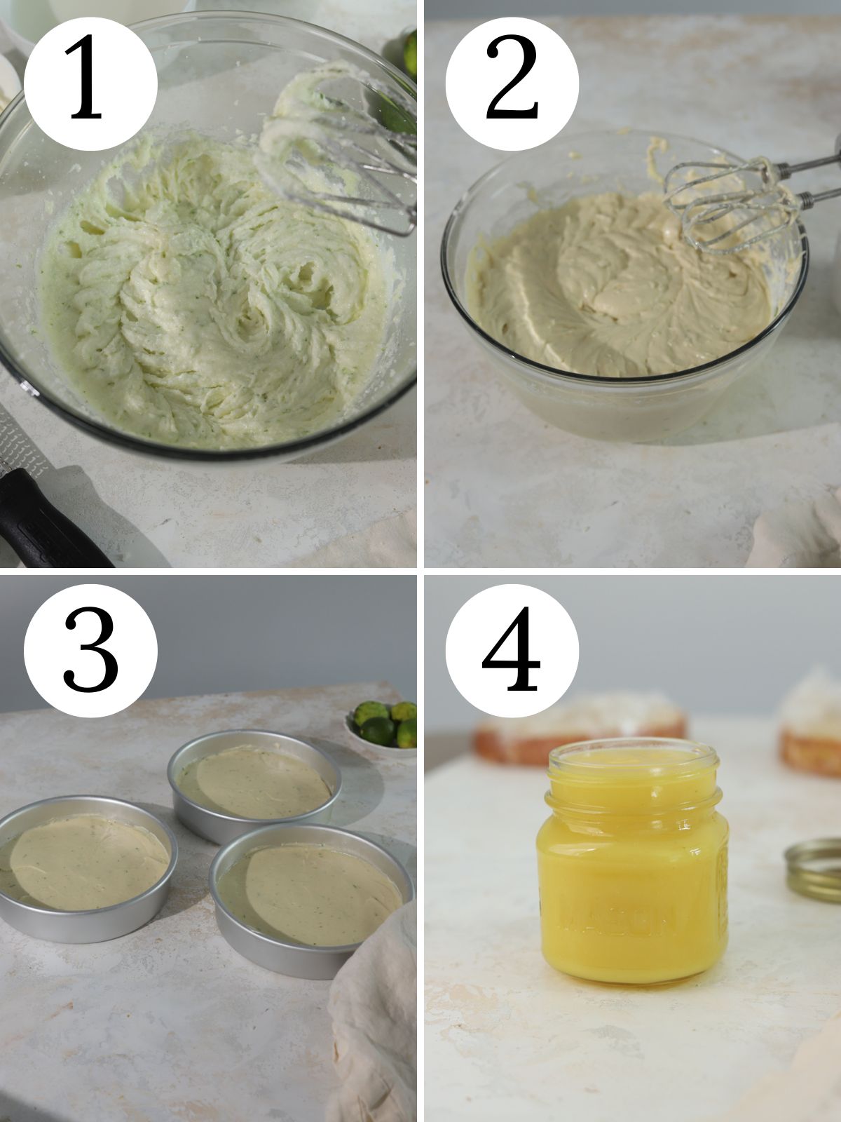 A four photo collage showing steps for making key lime cake. 