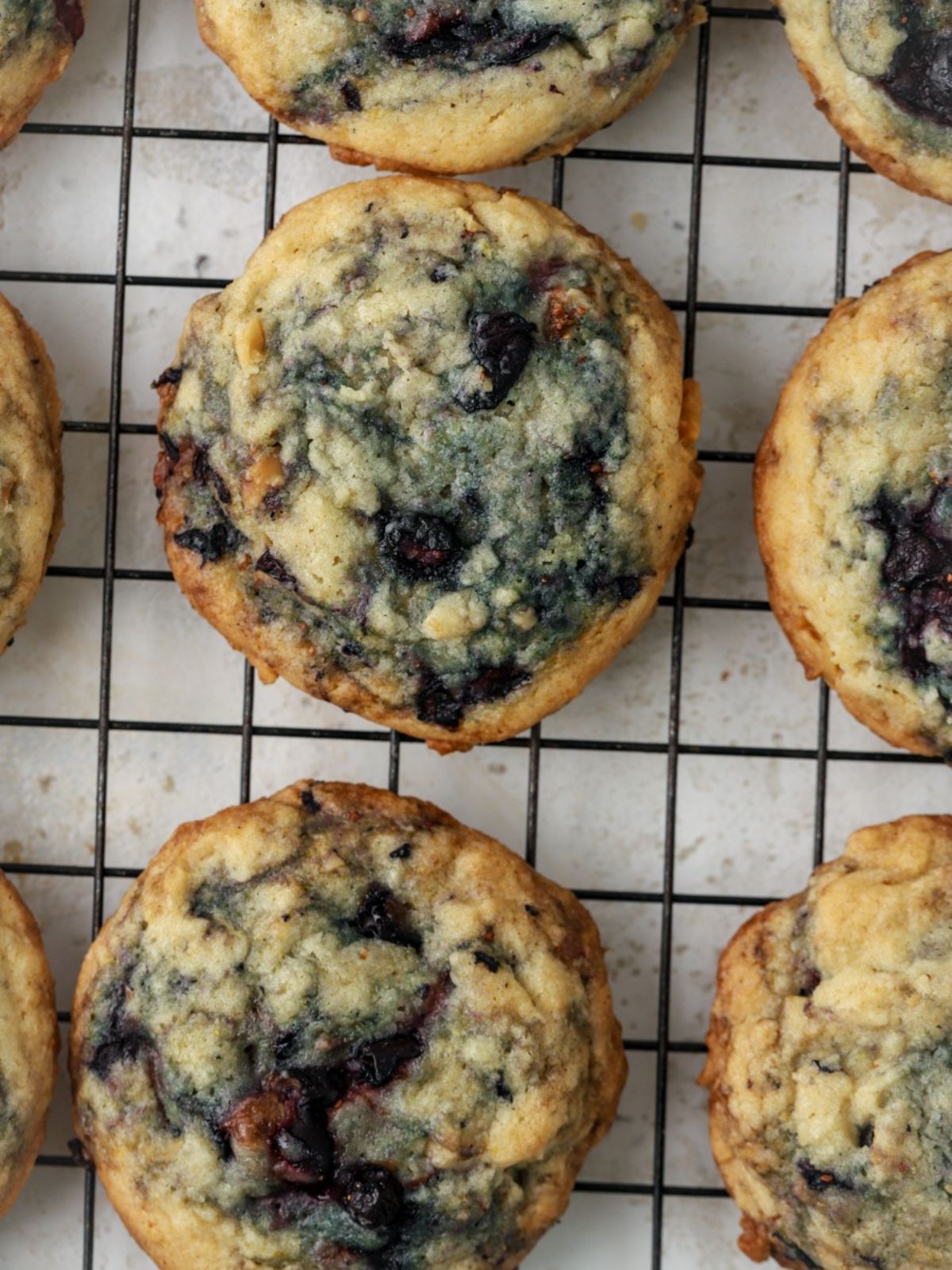 Blueberry cookies on a rblack wire rack. 
