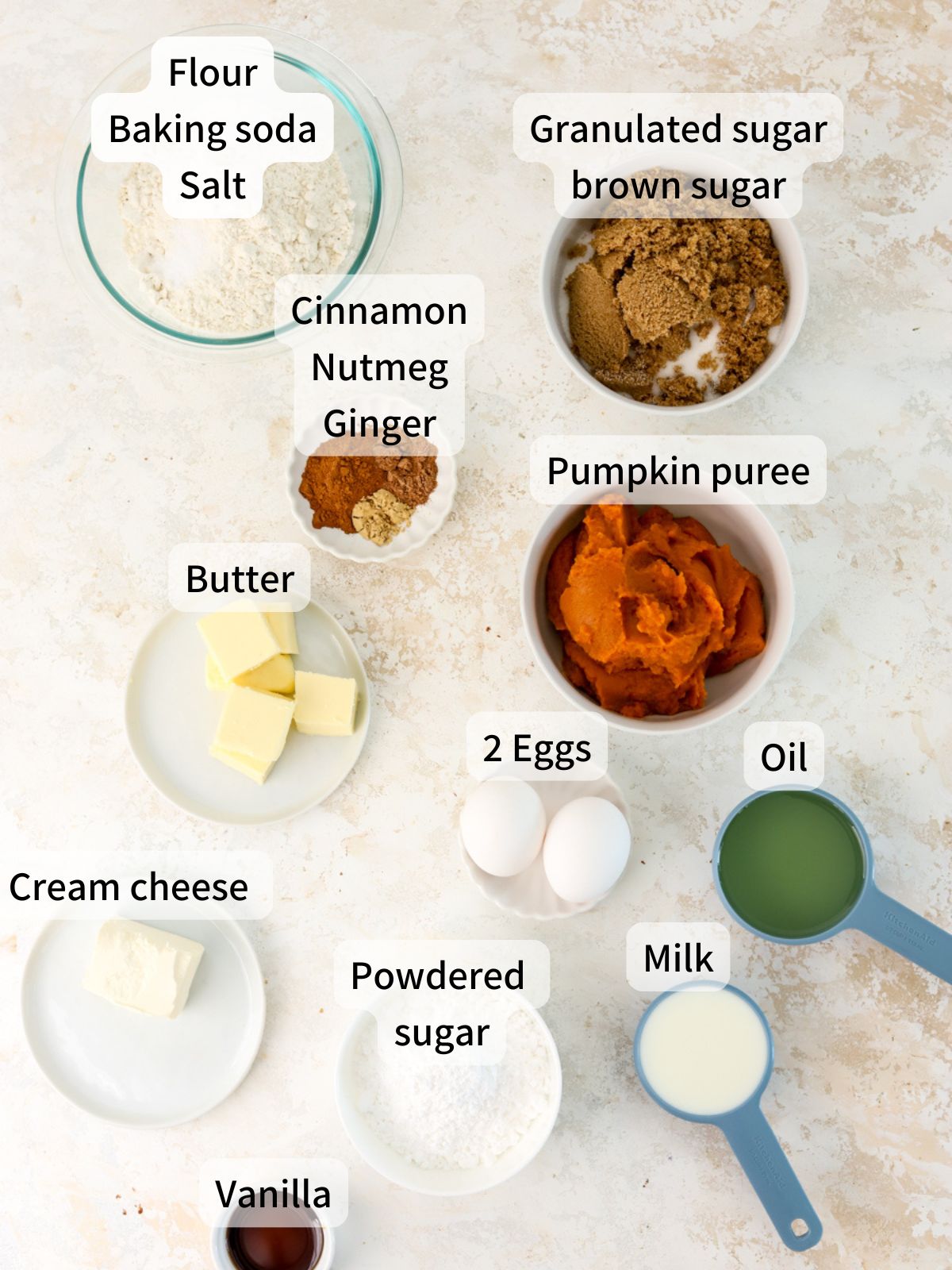 Labeled ingredients needed to make pumpkin bread laid out on a table. 