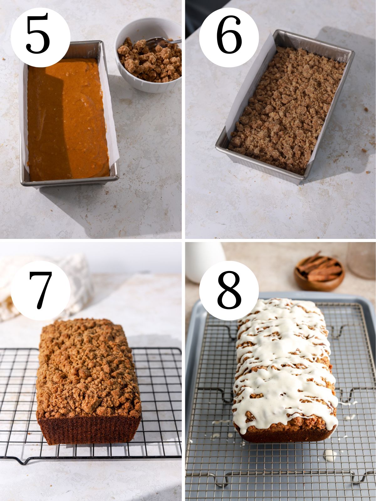A collage of four numbered pictures showing how to make pumpkin bread with frosting. 