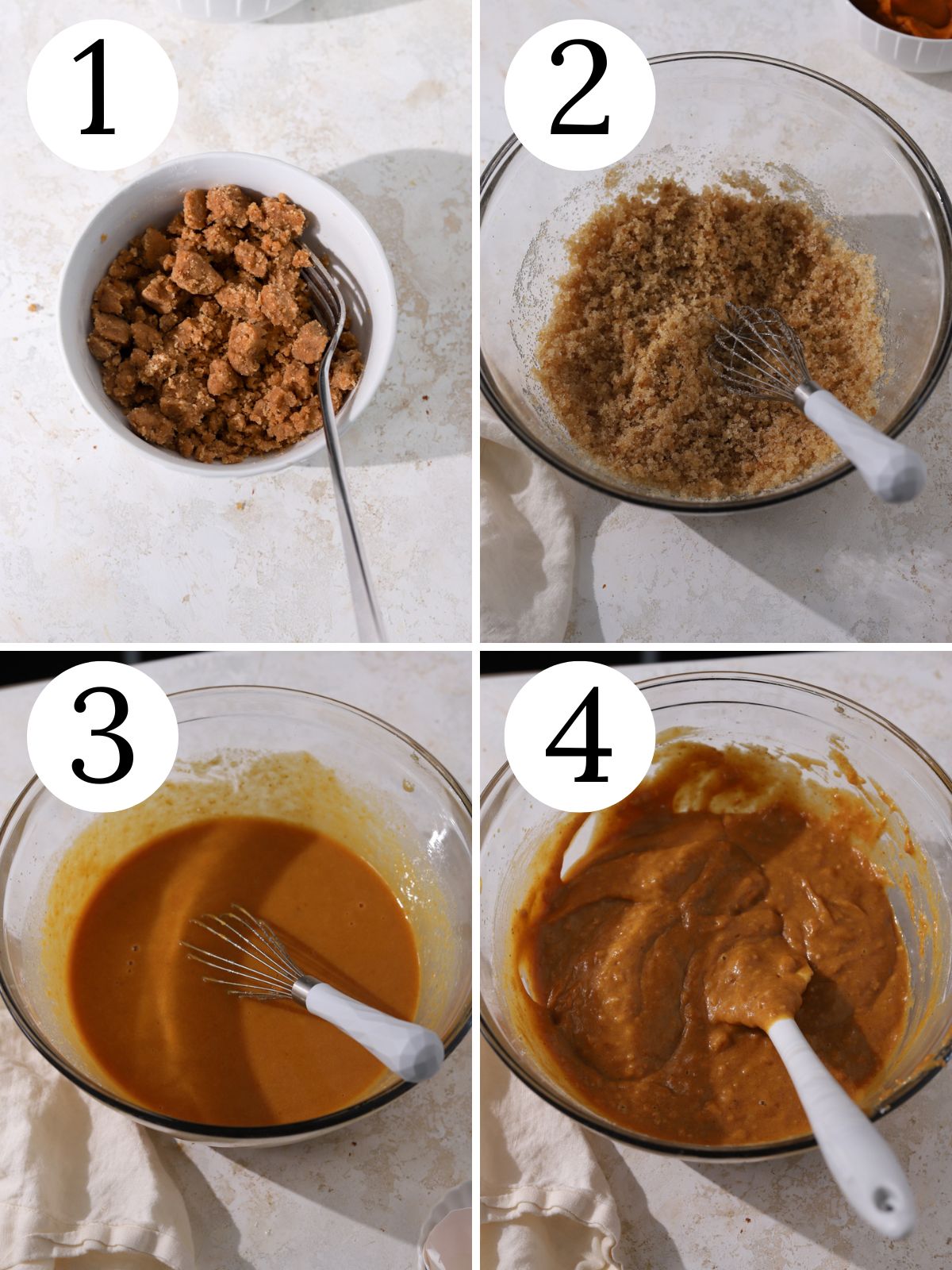 A collage of four numbered pictures showing how to make pumpkin bread. 