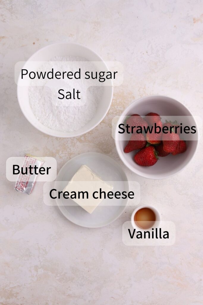 Labeled ingredients needed to make strawberry cream cheese. 