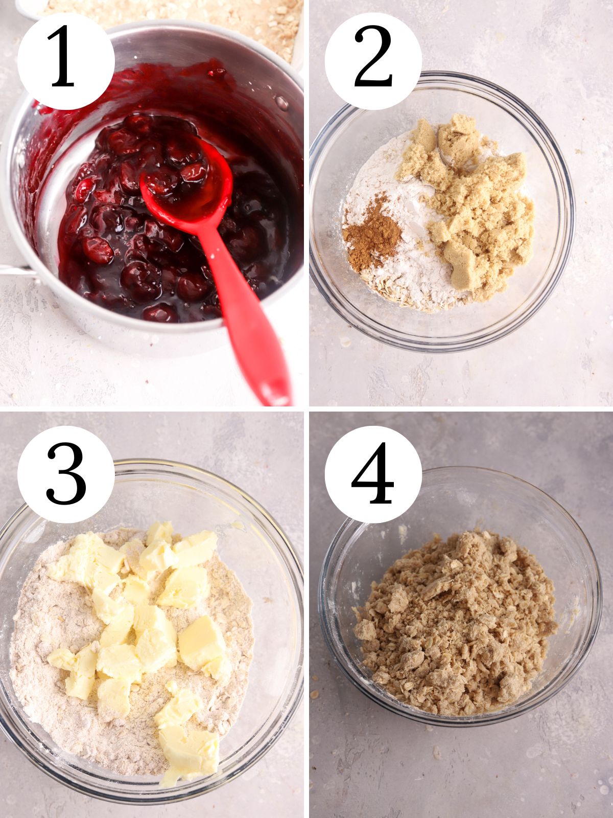 Four-photo collage describing how to make cherry pie filling and crumble topping.