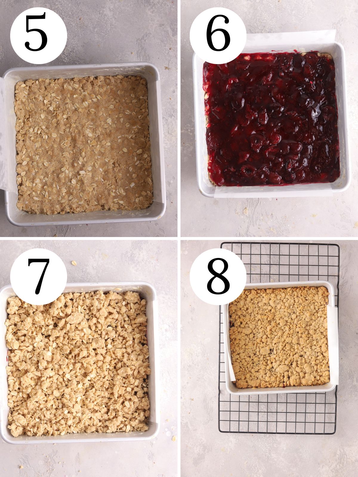 Four-photo collage describing how to make cherry pie bars.