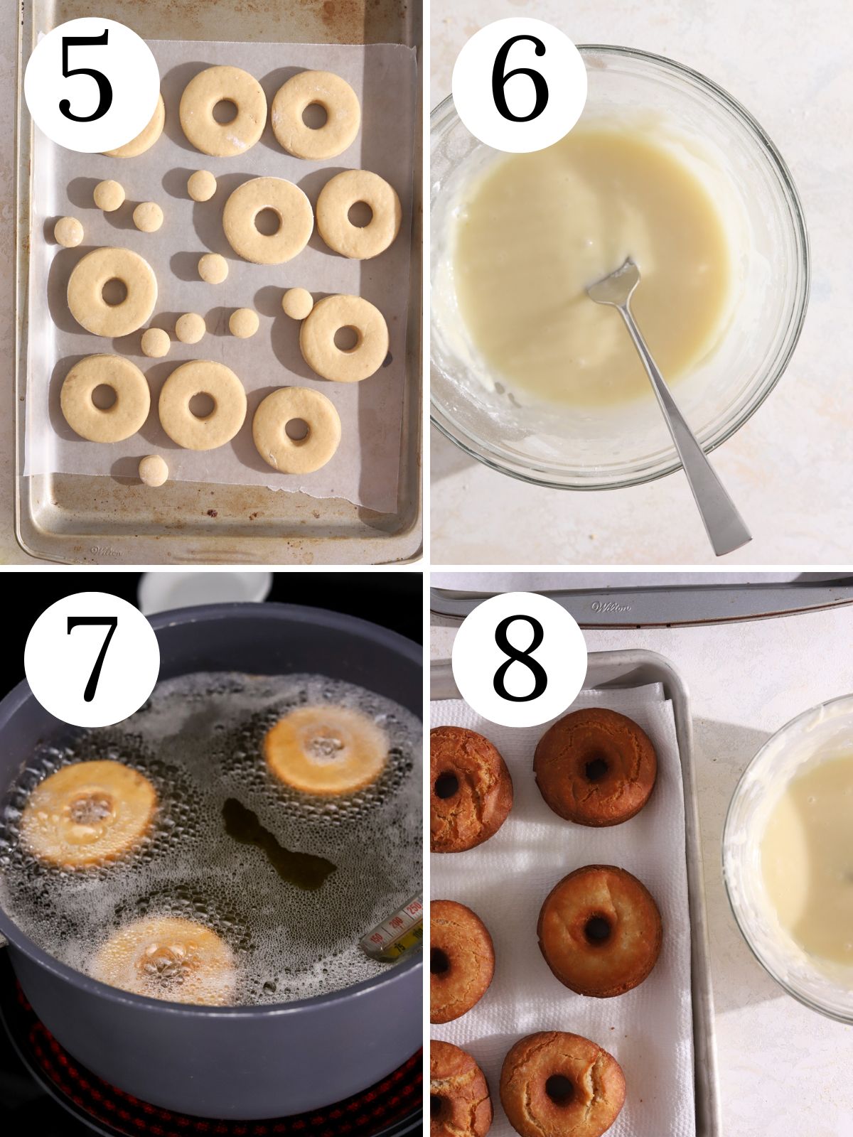 Four-photo collage describing steps for frying sour cream doughnuts. 