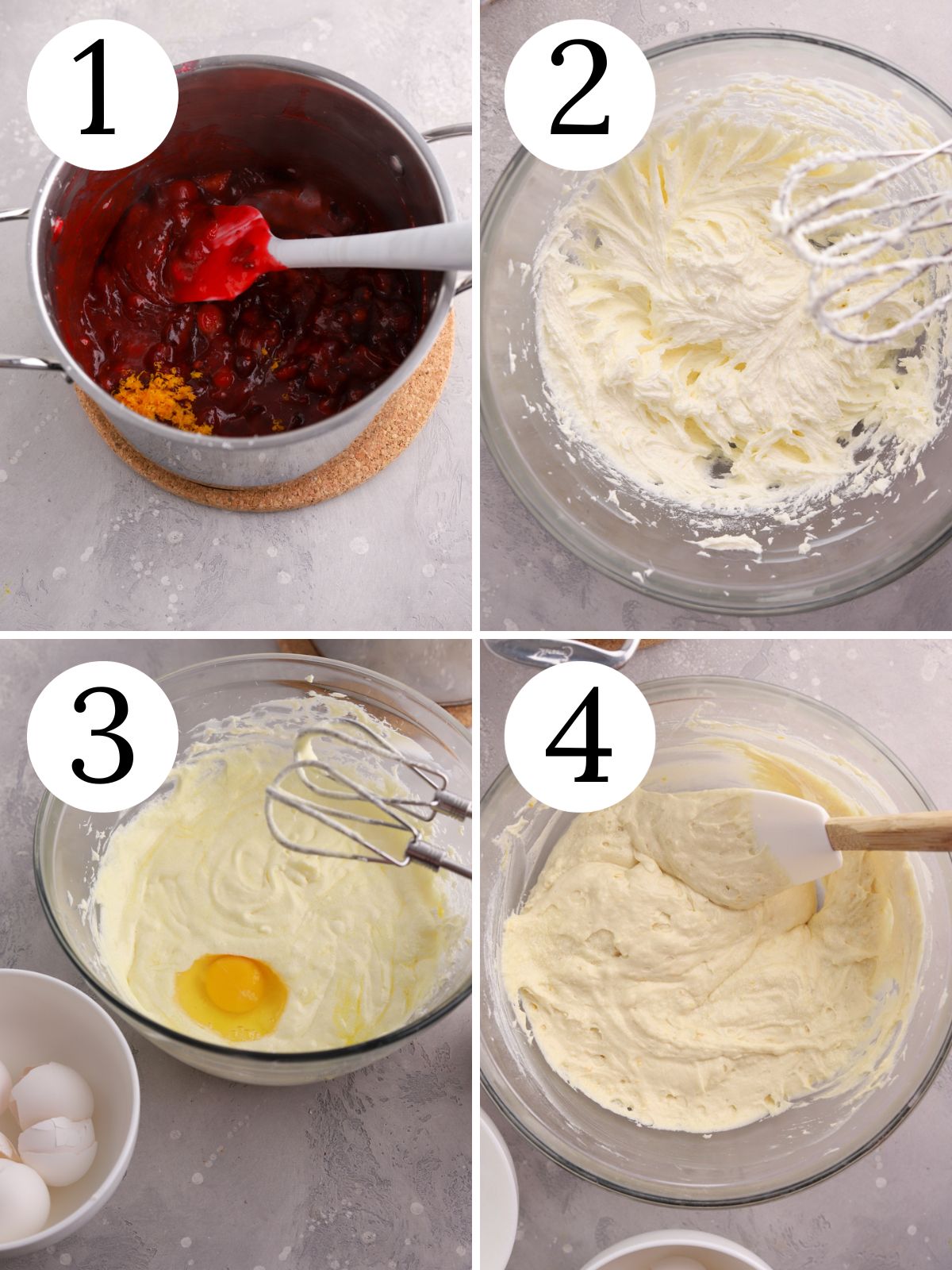 Four photo collage showing how to make cranberry sauce and cranberry cake. 