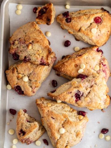 Cranberry scones on a baking sheet topped with chocolate chips.