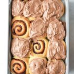 A batch of Nutella cinnamon rolls in a pan with Nutella icing.