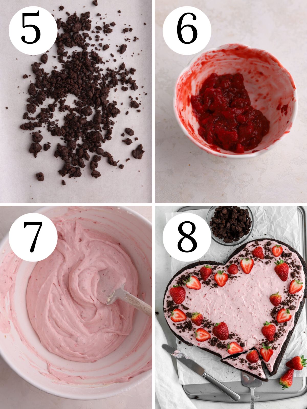 A four photo collage showing how to make strawberry frosting and decorate a chocolate cake. 