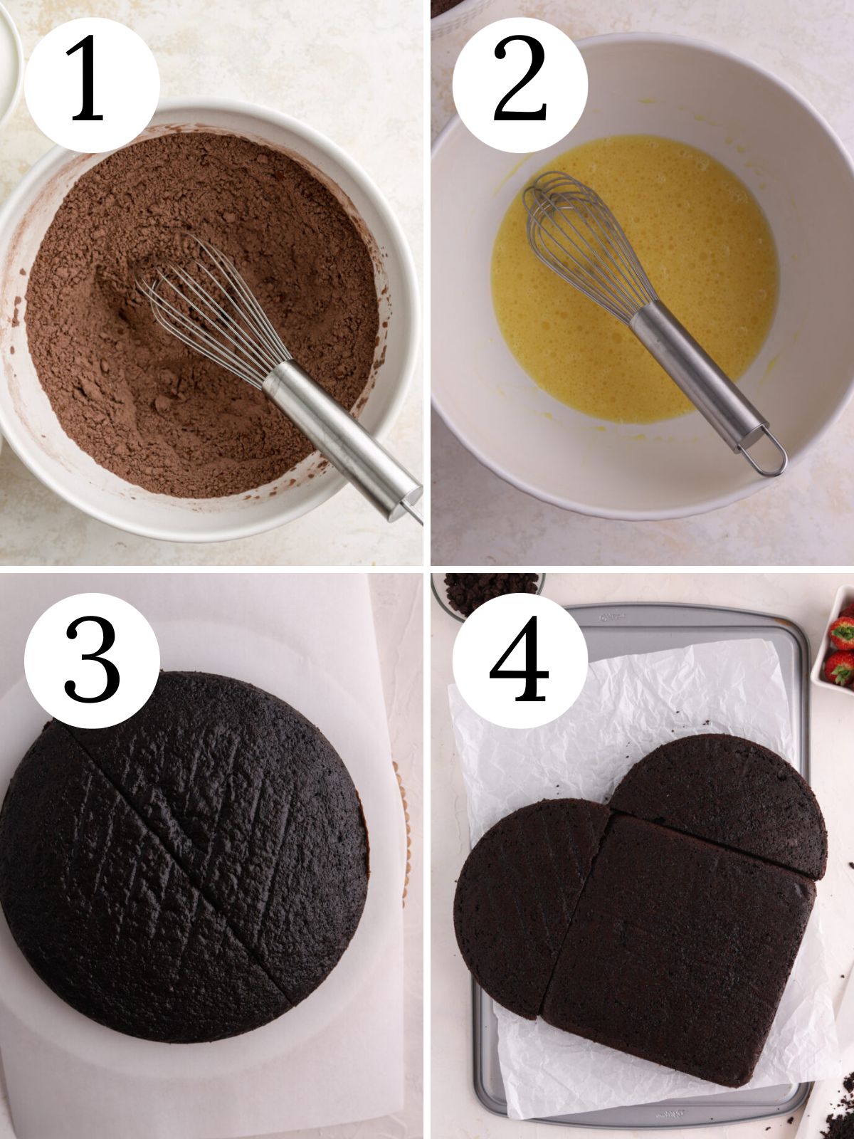 A four photo collage showing how to make a chocolate heart cake. 