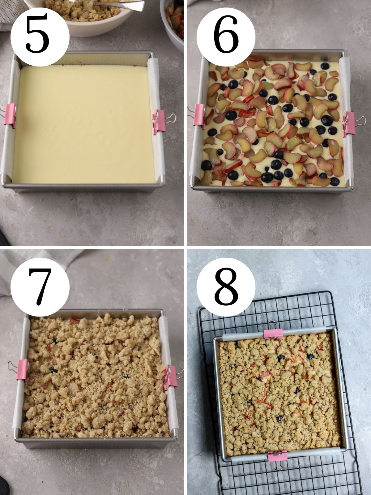 Four photo collage showing how to bake rhubarb cheesecake bars. 