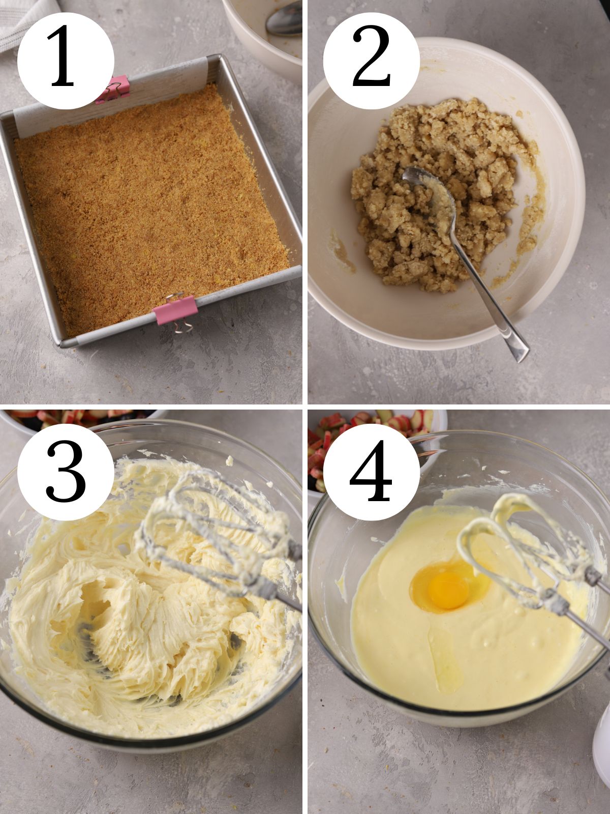 Four photo collage showing how to make crust and cheesecake filling.