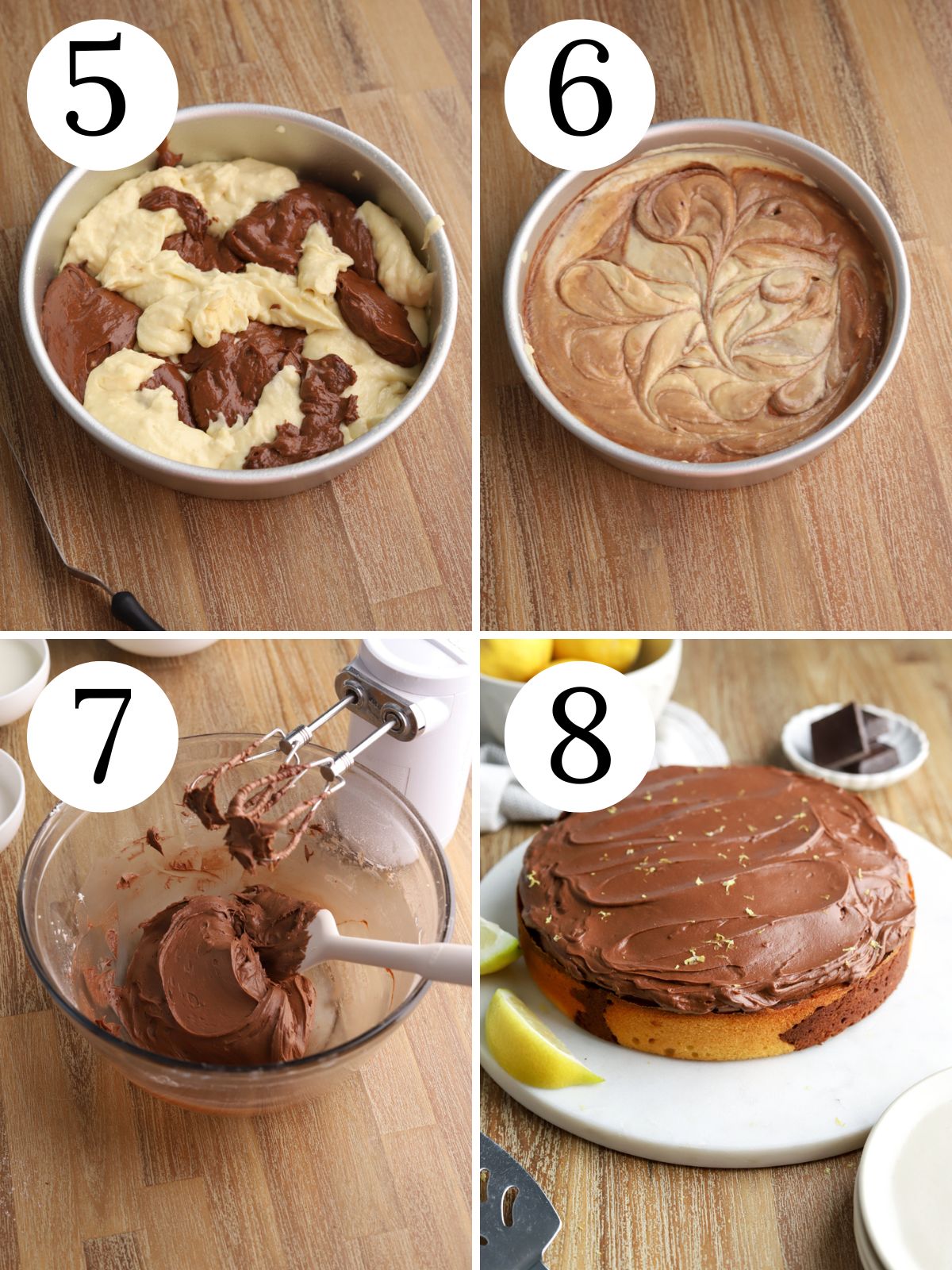 A four photo collage showing how to bake and frost a lemon and chocolate cake.