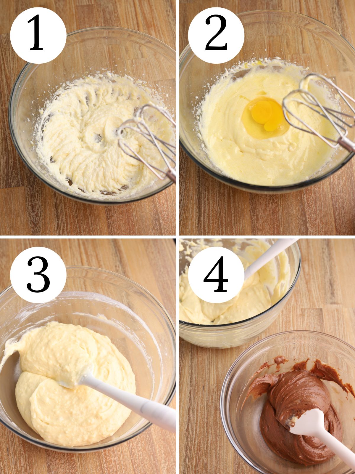 A four photo collage showing steps for making lemon and chocolate cake batters.