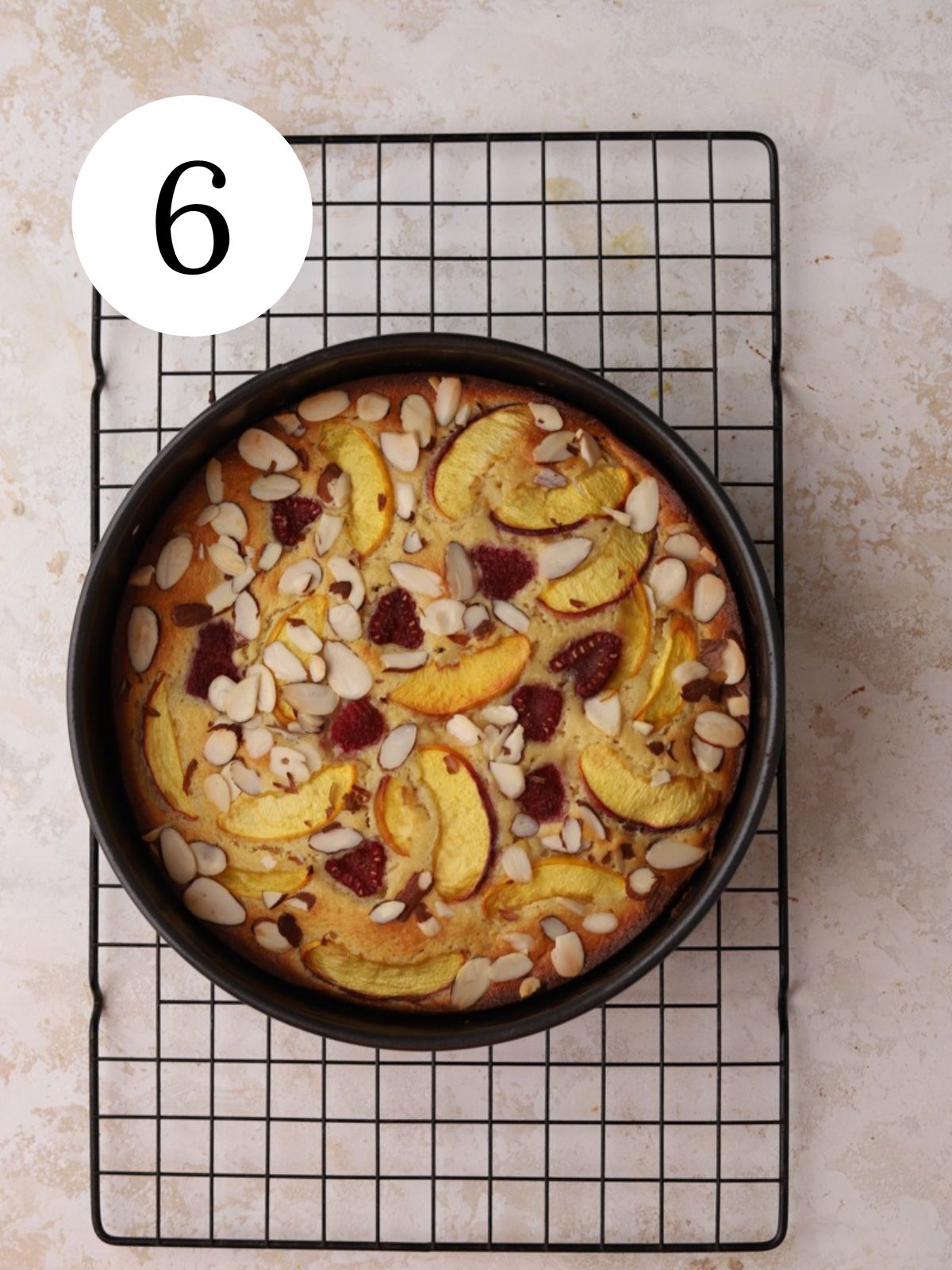A cake topped with fruit and sliced almonds in a pan on a baking rack.
