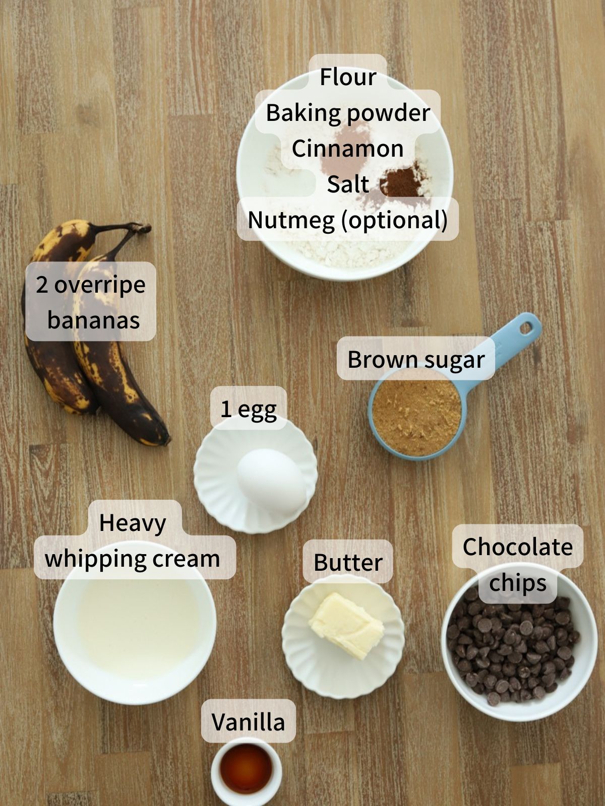 Labeled ingredients needed to make banana donuts laid out on a table.