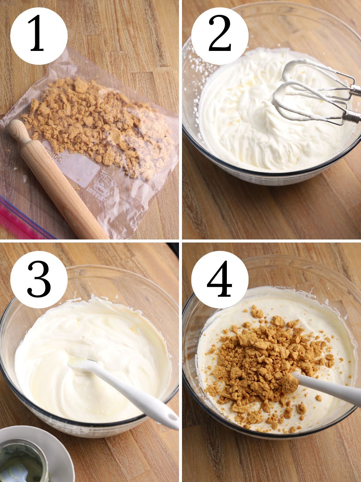 Four photo collage showing steps for making the base for peanut butter ice cream. 
