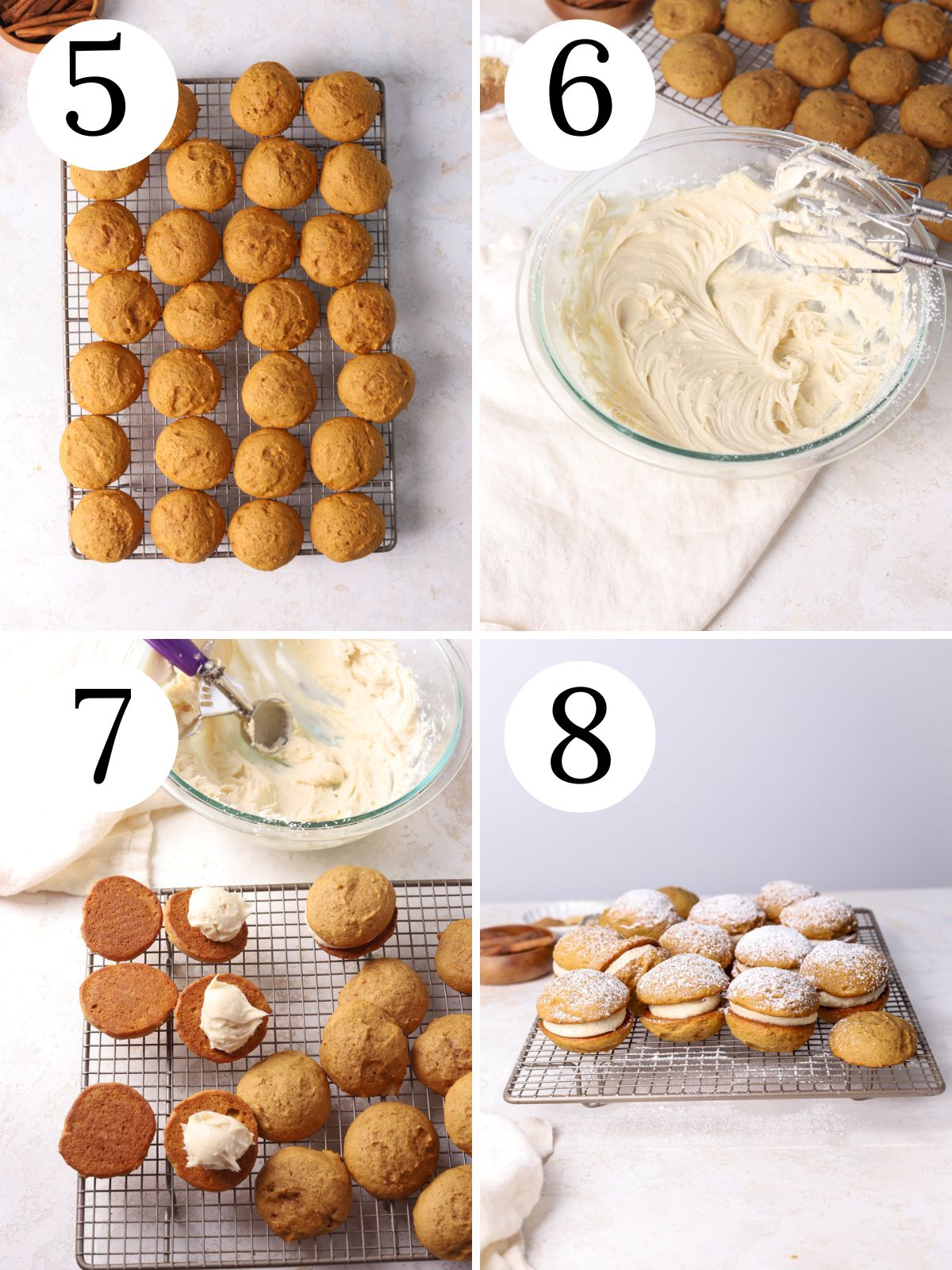A four photo collage showing how to assemble and decorate pumpkin whoopie pies.