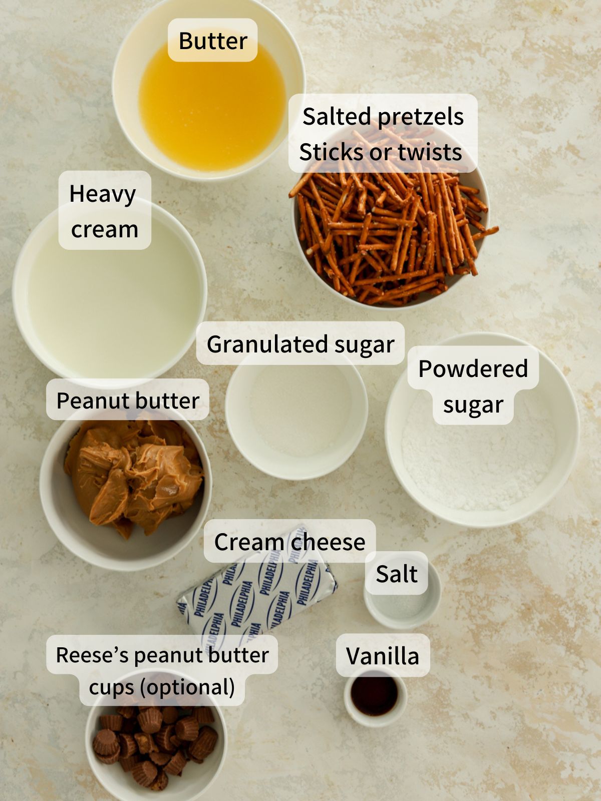 Labeled ingredients needed to make peanut butter pie laid out on a table. 
