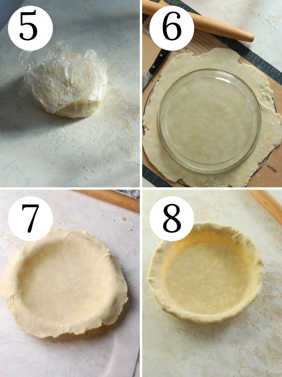 A four photo collage showing how to roll out and shape pie dough in a dish.