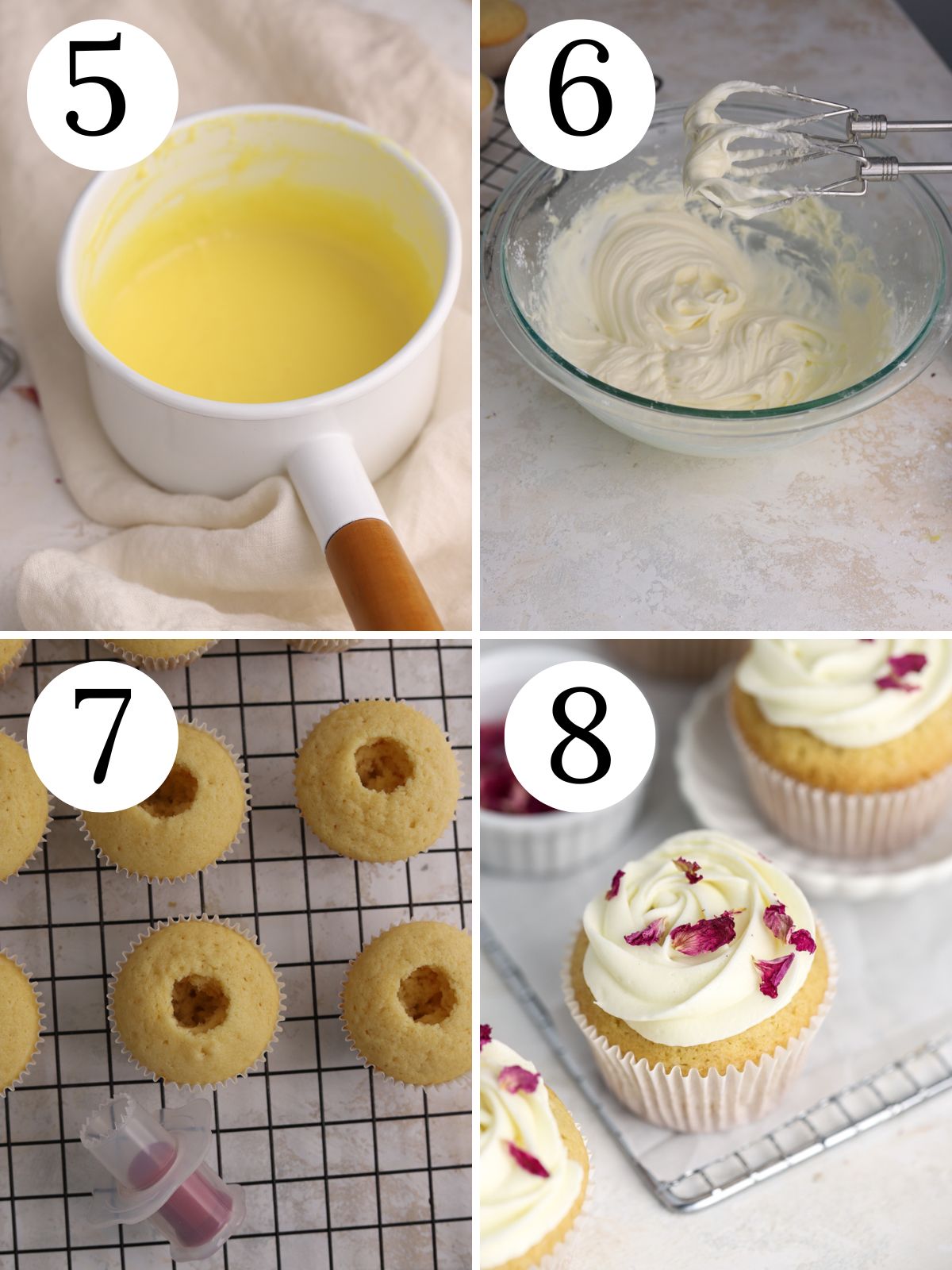 A four photo collage showing how to fill and decorate rose cupcakes.