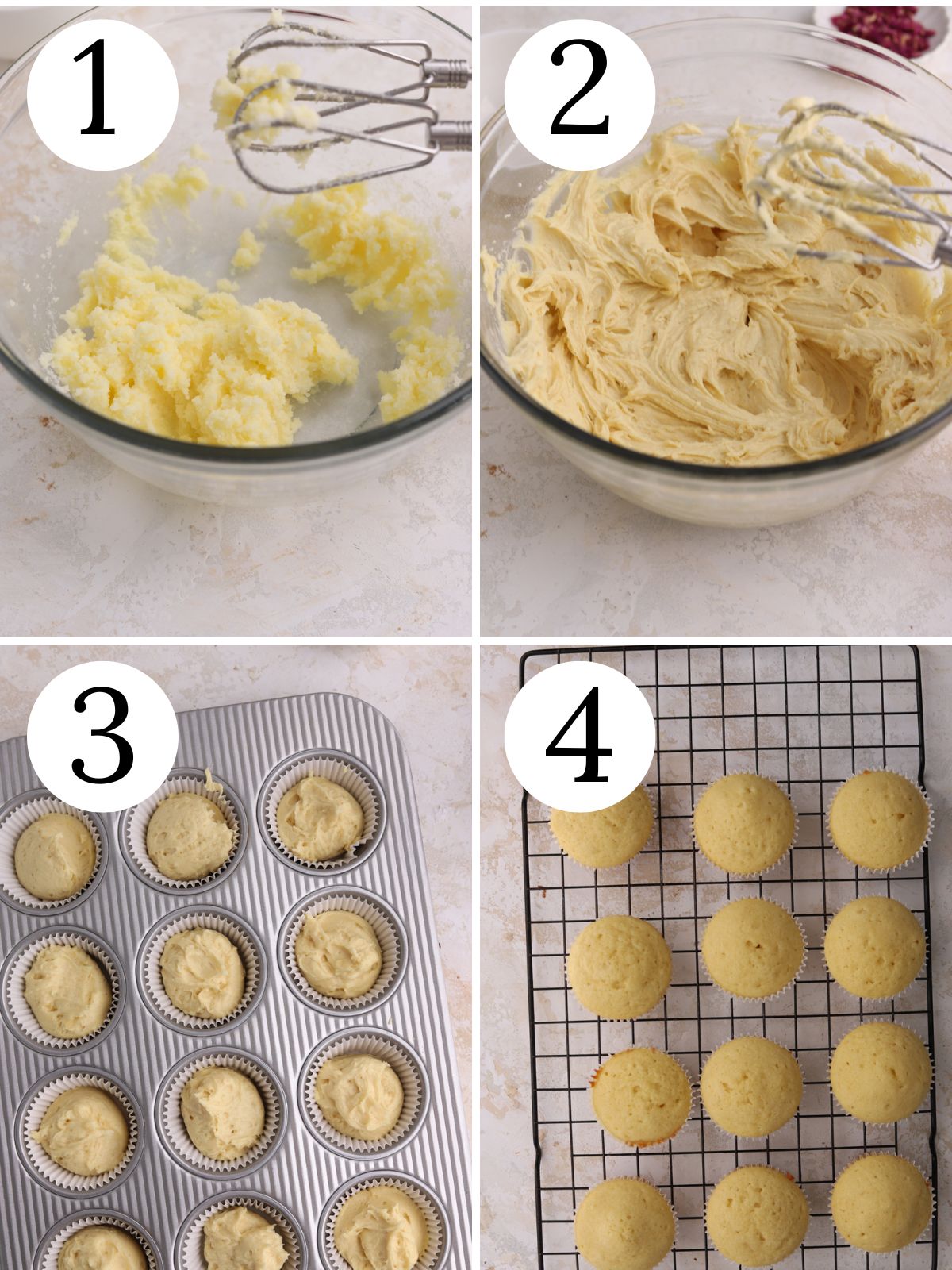 A four photo collage showing how to make cupcakes.