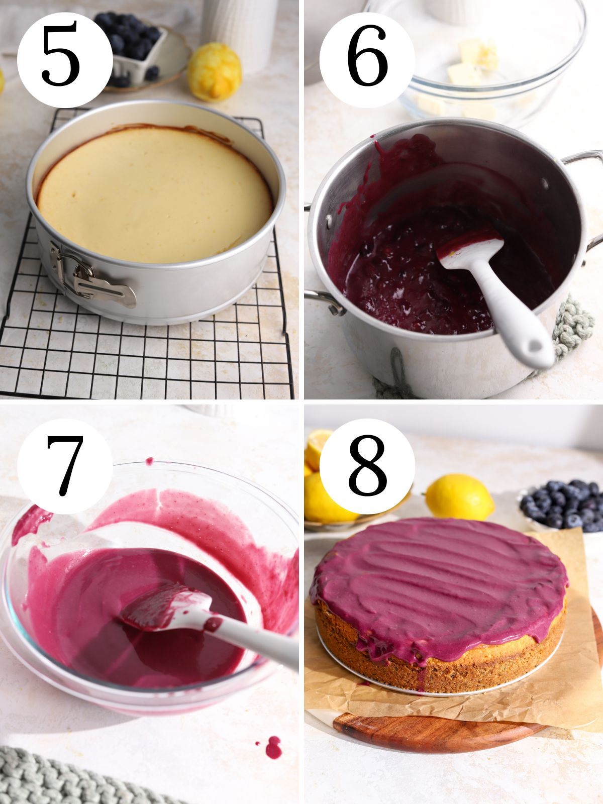 A four photo collage showing steps for making blueberry curd and cheesecake.