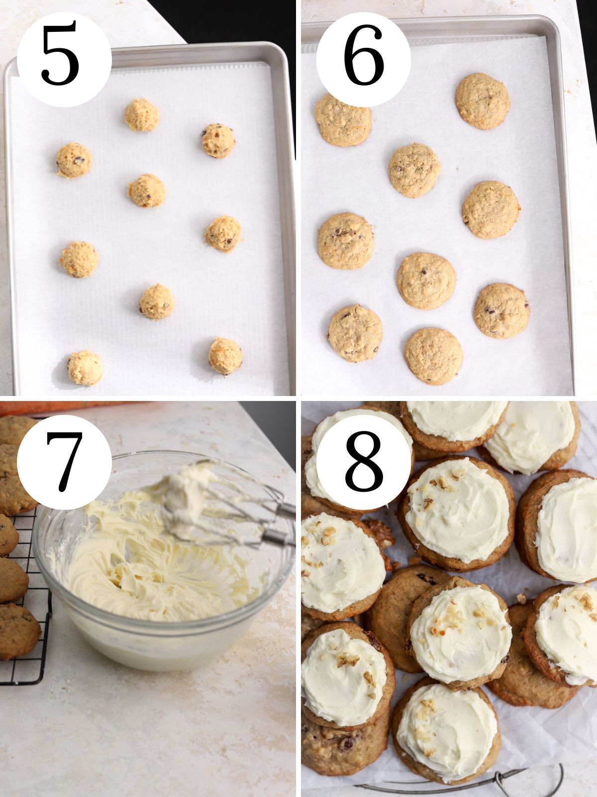 A four-photo collage showing how to bake and decorate carrot cookies. 