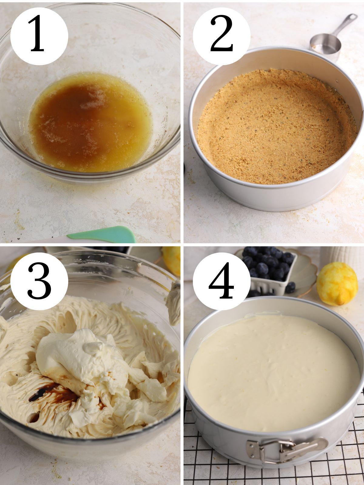 A four photo collage showing steps for making  a crust and cheesecake filling.