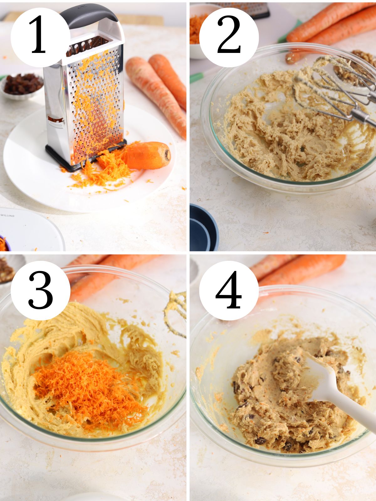 A four photo collage showing how to make carrot cake cookies. 