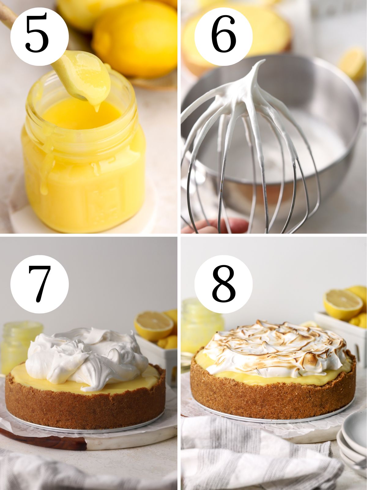A four photo collage showing steps for making lemon curd and meringue.