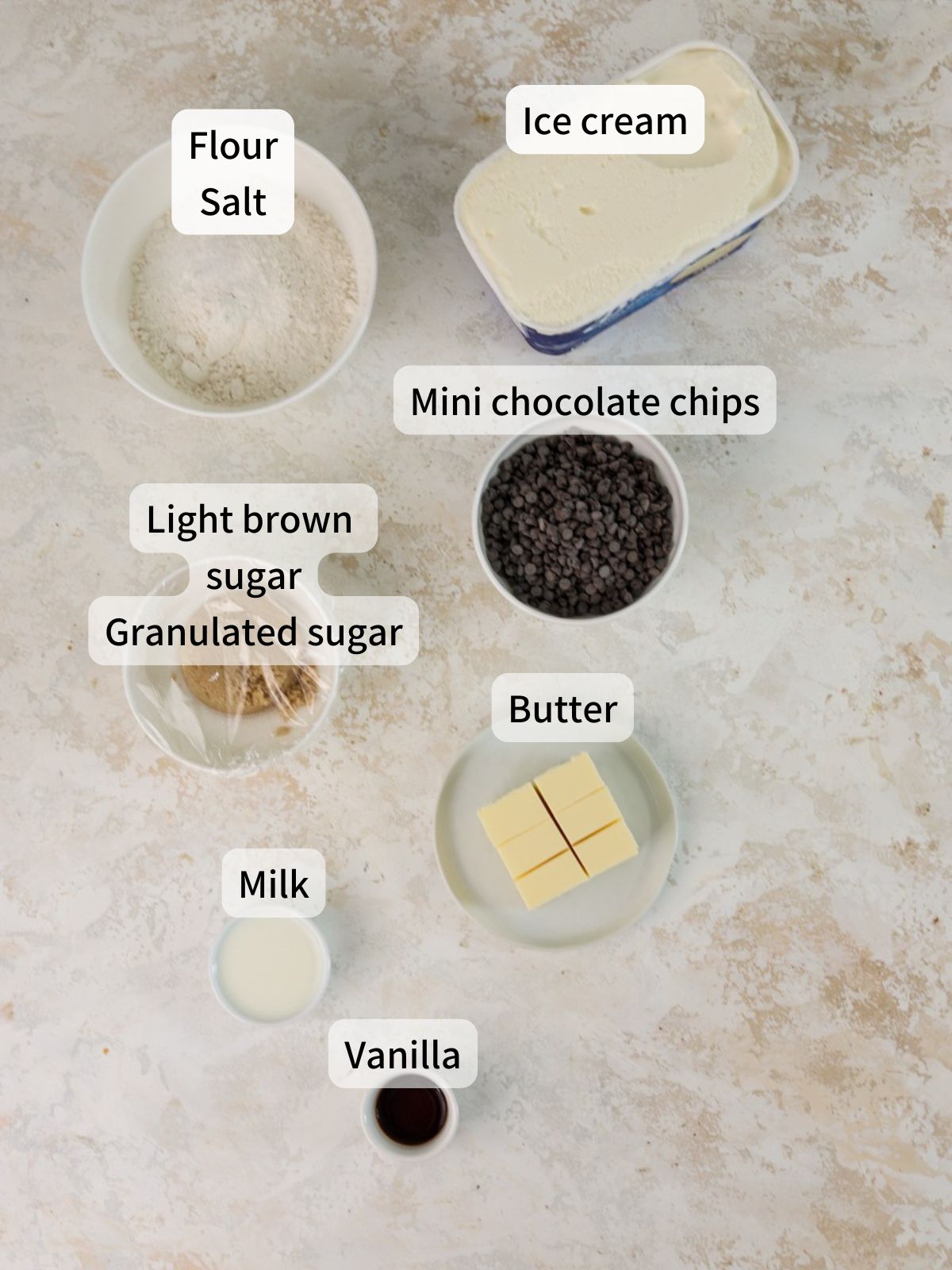 Labeled ingredients needed to make cookie dough ice cream sandwiches laid out on a table. 